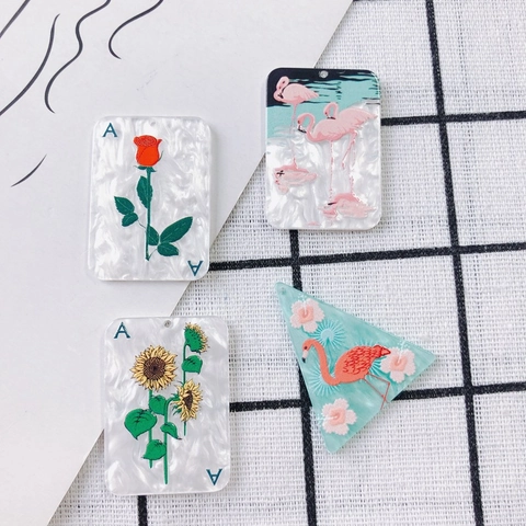 DIY Acrylic Poker Card Ace Pendant Rose Sunflower Flamingo Pattern For Earring Necklace Jewelry Making Accessories
