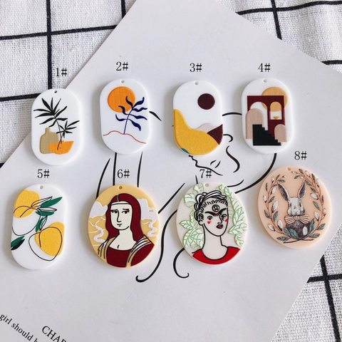 Artistic Acrylic Pendants DIY Jewelry Making Supplies Vintage Portrait Rabbit Floral Landscape Printed Oval Round Charms For Earrings Necklace