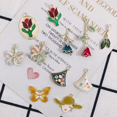 Alloy Enamel Drip Oil Flower Pendants Retro Tulip Rose Butterfly Charms For DIY Handmade Jewelry Making Necklace Earring Accessories