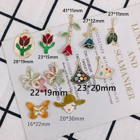 Alloy Enamel Drip Oil Flower Pendants Retro Tulip Rose Butterfly Charms For DIY Handmade Jewelry Making Necklace Earring Accessories