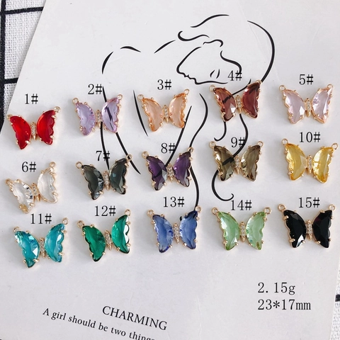Glass Butterfly Pendants Alloy Rhinestone Inlaid Jewelry Making Connectors For DIY Earrings Bracelets Necklaces Double Loop Accessories