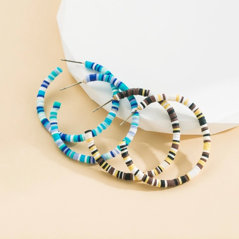 Bohemian Handmade Polymer Clay Heishi Bead Hoop Earrings For Women C-Shaped Multicolor Geometric Color Block Beach Jewelry