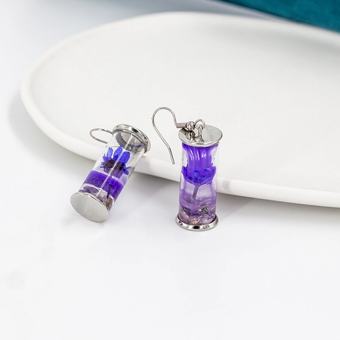 Creative Dried Flower Glass Bottle Dangle Earrings Silver Plated Alloy Hook Transparent Cylindrical Jewelry For Women