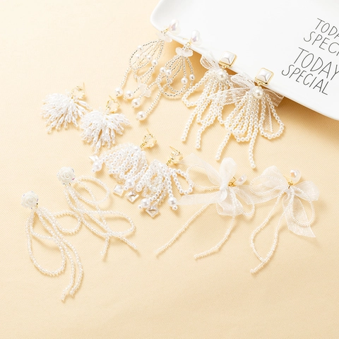 Elegant Artificial Pearl Tassel Drop Earrings For Women With 925 Sterling Silver Post Rhinestone Bowknot Flower Wedding Jewelry