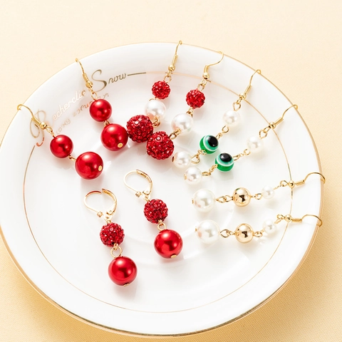 Fashion Alloy Artificial Pearl Drop Earrings Red Rhinestone Shamballa Ball Evil Eye Cherry Style Earrings For Women Jewelry Gift