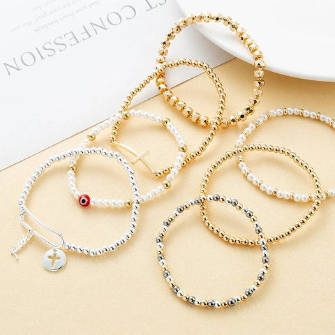 Pulsera de Cuentas con Cruz para Mujer Hombre Aleación Perla Artificial Ojo Turco Faith Dije Joyería Religiosa Moda Elástica Regalo