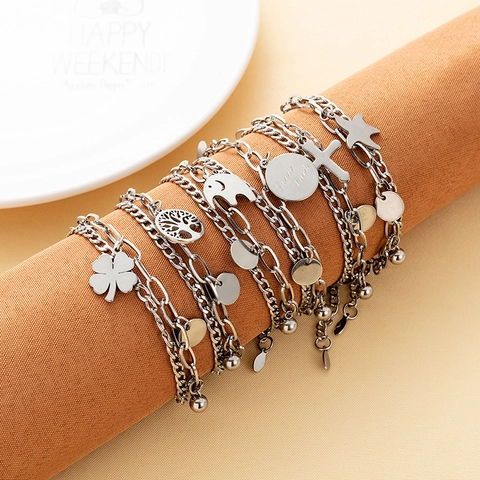 Bracciale Charm a Doppio Strato in Acciaio Inossidabile per Donna Argento Albero della Vita Croce Cuore Gioielli con Perle Artificiali