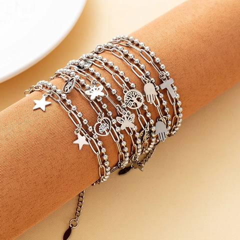 Bracciale Charm a Doppio Strato in Acciaio Inossidabile per Donna Argento Albero della Vita Croce Cuore Gioielli con Perle Artificiali