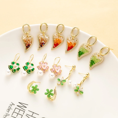 925 Sterlingsilber Ohrstecker-Stift Blumen Rose Herz Hängeohrringe Für Damen Vergoldet Kupfer Harz Künstliche Perlen Ohrringe