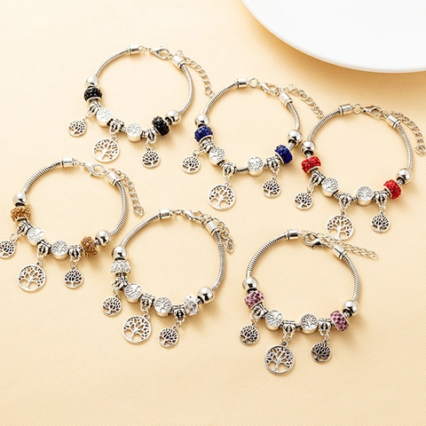 Vintage Legierung Lebensbaum Charm Armband Retro Versilbert Bunt Strass Schlangenkette Verstellbares Armband Für Damen Schmuck