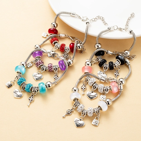 Bohemian Legierung Perlen Armband Für Damen Herz Anhänger Schlangenkette Handgefertigter Schmuck Mit Schlüssel Schloss Anhänger