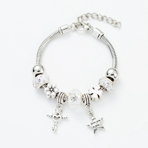 Mode Legierung Strass Perlen Charm Armband Für Damen Stern Herz Blume Schlüssel Anhänger Love Schmuck Verstellbare Schlangenkette Armband