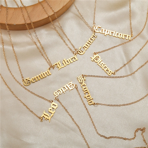 18K Vergoldete Edelstahl Sternzeichen Anhänger Halskette Für Damen Herren Altenglische Schrift Personalisierter Schmuck Geschenk