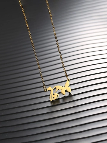 Mode Edelstahl 18K Vergoldet Anfangsbuchstabe Anhänger Halskette Schmetterling Herz Design Schmuck Für Damen Herren