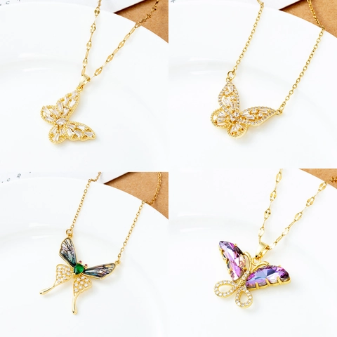 18K Gold Plated Stainless Steel Butterfly Pendant Necklace For Women Exquisite Zirconia Butterfly Animal Fashion Jewelry Gift