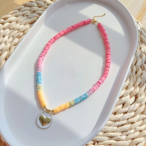 Bohemian Colorful Polymer Clay Heishi Bead Necklace For Women Gold Plated Alloy Heart Pendant Vacation Fashion Jewelry