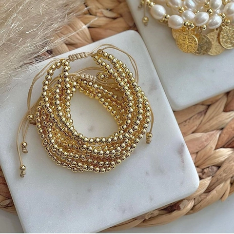 Multi Layer Stackable Bead Bracelet Plated Copper Geometric Adjustable Drawstring Cord For Women