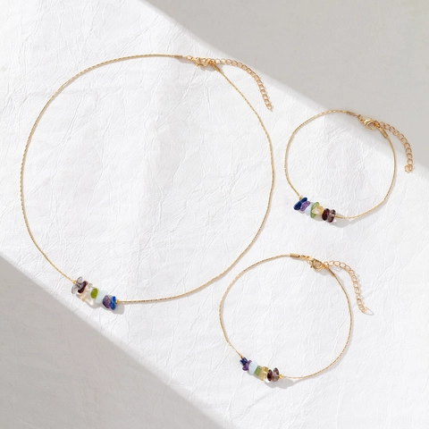 14K Vergoldetes Kupfer Naturstein Schmuckset Für Damen Sieben Farben Unregelmäßige Kristall Halskette Armband Fußkettchen Boho Edelstein Schmuck