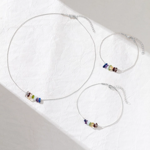 14K Vergoldetes Kupfer Naturstein Schmuckset Für Damen Sieben Farben Unregelmäßige Kristall Halskette Armband Fußkettchen Boho Edelstein Schmuck
