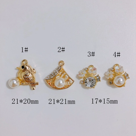 DIY Legierung Anhänger 14K Vergoldet Strass Künstliche Perle Vogel Blume Fächerförmig Charms Für Halskette Schmuckherstellung Nur Anhänger