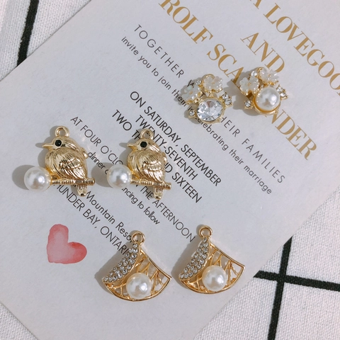 DIY Legierung Anhänger 14K Vergoldet Strass Künstliche Perle Vogel Blume Fächerförmig Charms Für Halskette Schmuckherstellung Nur Anhänger
