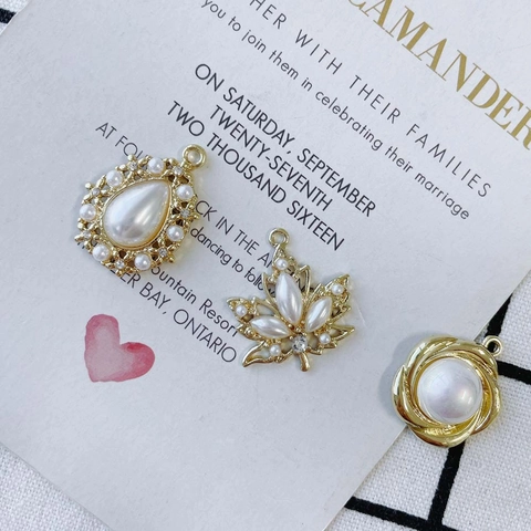 Alloy Faux Artificial Pearl Rhinestone Pendants For DIY Earring Necklace Jewelry Making Vintage Elegant Maple Leaf Water Drop Charms