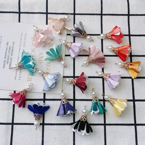 Fabric Flower Tassel Pendants With Artificial Pearl And Alloy Cap For DIY Jewelry Making Earrings Necklace Findings