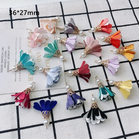 Fabric Flower Tassel Pendants With Artificial Pearl And Alloy Cap For DIY Jewelry Making Earrings Necklace Findings