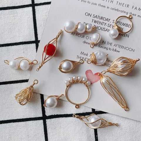 Handmade Copper Wire Wrapped Artificial Pearl Pendants For DIY Jewelry Making Elegant Gold Plated Various Shape Pendant Accessories