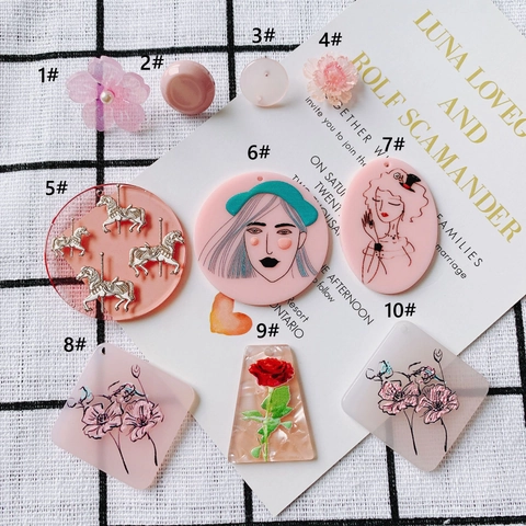 Pink Acrylic DIY Jewelry Charms Relief Carousel Portrait Flower Patterns Pendants For Earring Necklace Bracelet Making Accessories