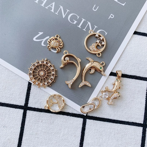 DIY Copper Gold Plated Marine Life Pendants Rhinestone Dolphin Crab Rudder Charms For Earring Necklace Jewelry Making Accessories