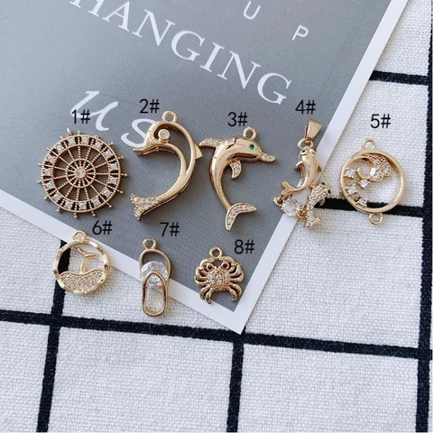 DIY Copper Gold Plated Marine Life Pendants Rhinestone Dolphin Crab Rudder Charms For Earring Necklace Jewelry Making Accessories