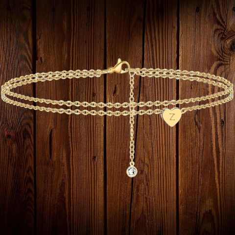 Mode Doppelreihige Herz Initialen Fußkettchen Für Damen Legierung Strass Vergoldet Alphabet Anhänger Strand Sommer Schmuck