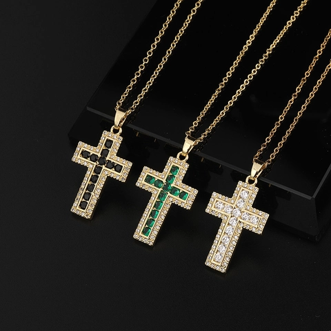 Cross Pendant Necklace Copper 18K Gold Plated Zircon Inlaid Hip Hop Street Style Accessory For Women