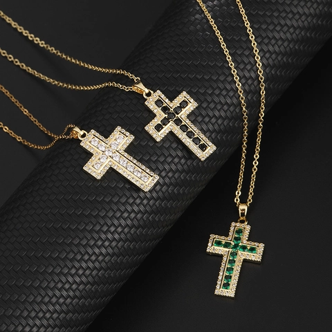 Cross Pendant Necklace Copper 18K Gold Plated Zircon Inlaid Hip Hop Street Style Accessory For Women
