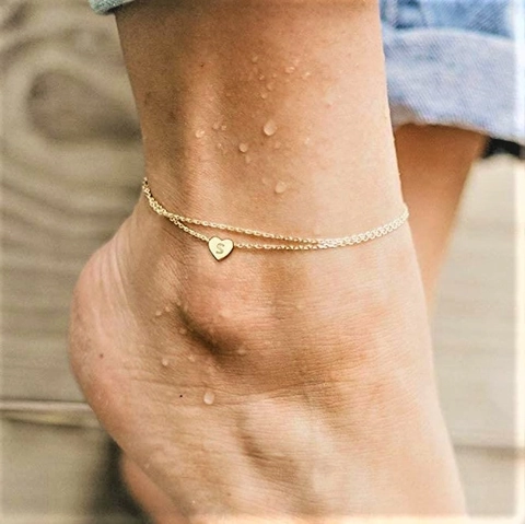 Cavigliera a Doppio Strato con Lettera Iniziale e Cuore per Donna in Lega Placcata Oro con Strass Ciondolo Alfabeto Gioielli da Spiaggia Estate