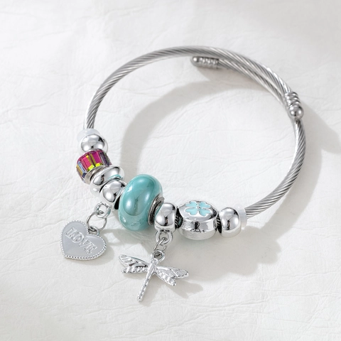 Edelstahl Perlen Armband Für Damen Silber Herz Libelle Anhänger Verstellbare Spiral Armreif Schmuck Zubehör