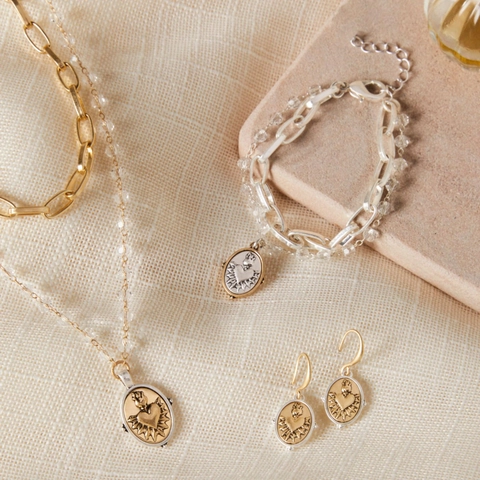 Vintage Zweifarbig Kupfer Schmuckset Mit Heiligem Herz Kreuz Münzanhänger Halskette Ohrring Armband Für Damen Mode Schmuck