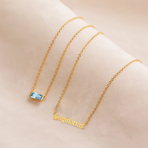 Edelstahl 18K Vergoldet Lagenkette Für Damen Rechteckiger Geburtsstein Gotische Sternzeichen Buchstaben Anhänger Halsketten Schmuck Geschenk