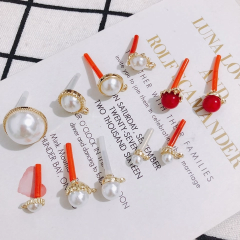DIY Jewelry Making Findings Alloy Imitation Artificial Pearl Stud Earrings With 925 Sterling Silver Earring Post Red White Beads Pendant Accessory