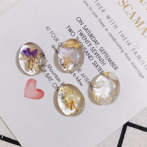 Acrylic Oval Cabochons With Dried Flower And Gold Foil For DIY Jewelry Making Earrings Handmade Craft Accessories