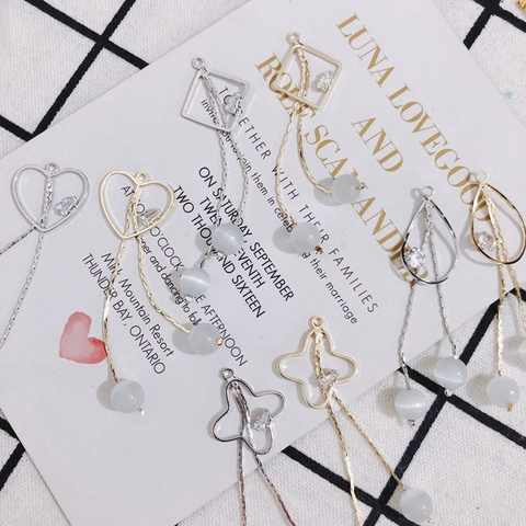 DIY Copper Jewelry Pendant Long Tassel Heart Waterdrop Flower Shape Cat Eye Stone Inlaid Rhinestone Accessories For Earrings