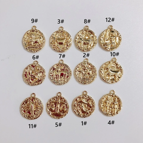 Retro 18K Gold Plated Alloy Zodiac Signs Relief Coin Pendants DIY Jewelry Charms For Necklace Bracelet Making Jewelry Accessories