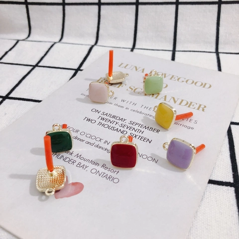 DIY Alloy Enamel Square Earring Stud Accessories With Silver Earring Post Colorful Drip Oil Jewelry Making Findings