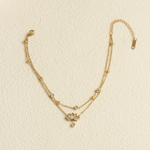 Boho Doppelreihig Edelstahl Lotus Fußkettchen Mit Emaille Strass 18K Vergoldet Damen Strand Schmuck