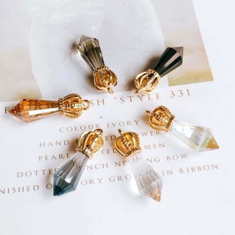 Alloy Crown Faceted Glass Crystal Pendant Hexagonal Column Charm For DIY Necklace Earring Jewelry Making Finding Accessory