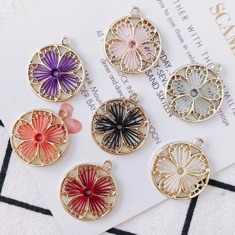 Vintage Round Hand Woven Flower Alloy Pendant Charms Ethnic Satin Thread Hollow Out Jewelry Accessory For DIY Earrings Necklace