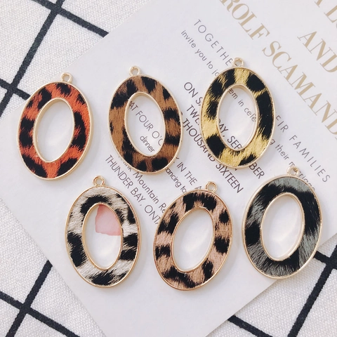 Colgantes Huecos Ovalados de Cuero con Estampado de Leopardo DIY Marco de Aleación Charms de Patrón Animal para Joyería