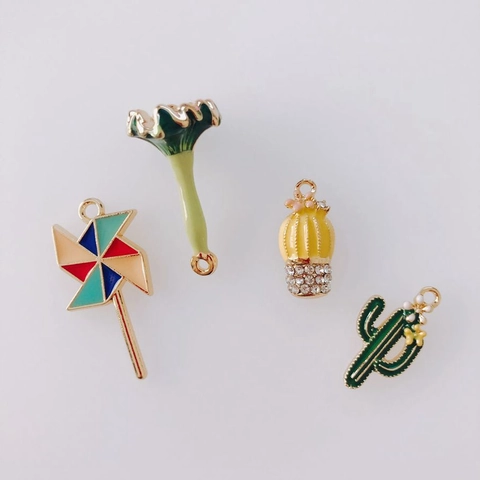 DIY Jewelry Findings Alloy Enamel Cactus Windmill Shape Charm Pendants Rhinestone Plant Decorative Earring Supplies For Handmade Craft