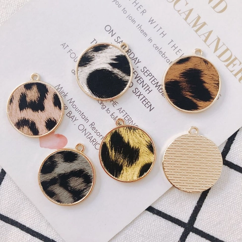 DIY Jewelry Making Alloy Leopard Print Leather Round Pendant For Earring Necklace Bracelet Handmade Craft Accessories Gold Frame
